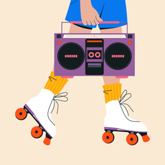Female person rollerblading with a retro tape recorder. Vintage. Vector illustration.