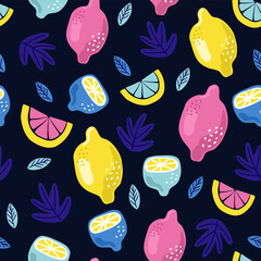 Lemons, Seamless pattern. Juicy lemons and leaves vector. lemon isolated on white. Illustration used for magazine, book, poster, card, menu cover, web pages.