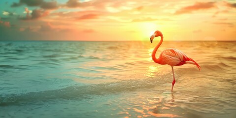 Fototapeta premium A captivating photo showcasing a flamingo against the backdrop of a stunning natural landscape, with the vibrant colors and serene waters providing an ideal setting for a 4K wallpaper.