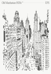 Old Manhattan 1920s, New York skyline. Hand drawn vector illustration, sketch. © TheMountBirdStudio