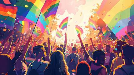 A dynamic image of a pride parade in full swing, with a crowd of participants and onlookers celebrating under rainbow banners