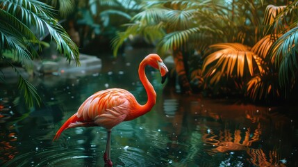 Fototapeta premium An atmospheric photo capturing the grace and beauty of a flamingo in its habitat, with the tranquil waters and vibrant vegetation serving as a stunning backdrop for a 4K wallpaper. 