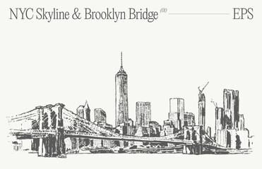 Naklejka premium A drawing of NYC skyline with Brooklyn Bridge in the foreground