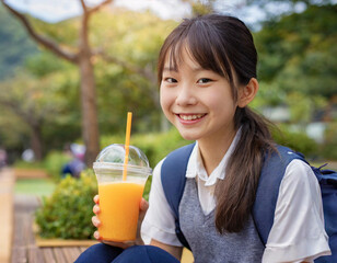 緑の木々がたくさんある公園でストローでオレンジジュースを飲む日本人の小学生の女の子。