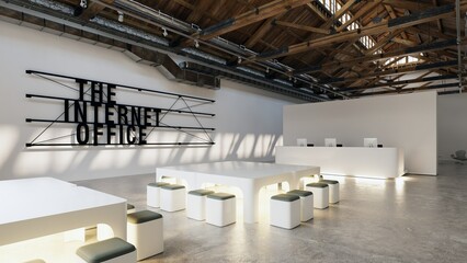 Spacious area labeled as the internet office with a sign