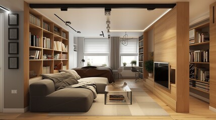Fototapeta premium The Harmony of Space A Photo Illustration of Modern Interior Design, Showcasing an Apartment with a Well-Appointed Dining Room and an Inviting Empty Living Room with Beige Walls