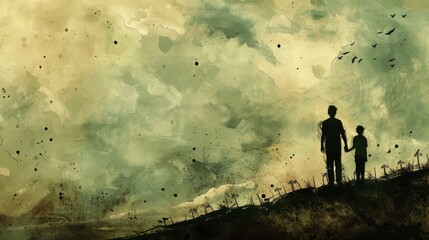 A man and child stand on a hill, gazing at the horizon