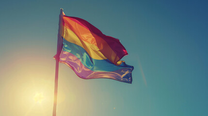 A high-resolution image of a waving pride flag with a detailed fabric texture, set against a clear sky