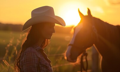 cowgirl in hat backlit by sunset on farm with horse,  Generative AI - Powered by Adobe