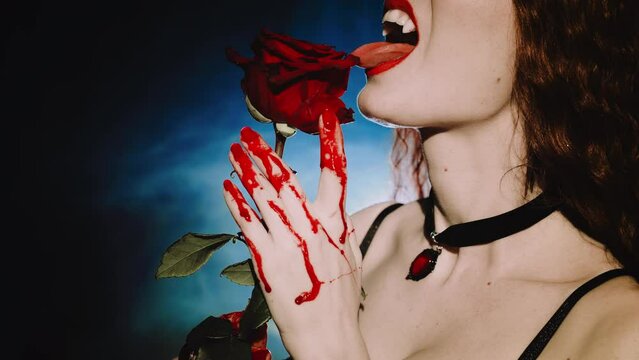 art portrait mouth close-up fantasy vampire girl licks drops of blood from red rose flower sexy lips beauty part face gothic woman white teeth fangs. bloody make-up dark blue night room. lady vamp 4k