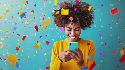 Fototapeta premium A woman is looking at her phone, surrounded by colorful confetti. She appears engaged with the device, possibly receiving birthday greetings or messages, amidst a festive atmosphere.