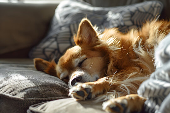 A dog is sleeping on the gray pattern fabric sofa