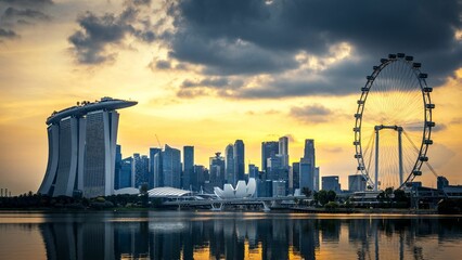 Obraz premium Modern skyscrapers and buildings of Marina Bay, Singapore during the sunset