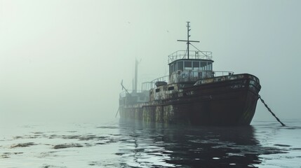 Generative AI Cargo ship in misty weather, fog surrounding the vessel, detailed and moody photorealistic scene