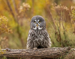 Great grey owl perched atop a tree in a picturesque autumnal forest