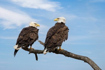 Two bald eagles perched on a tree branch gazing into the distance