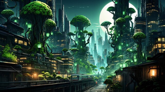 A vibrantly colored illustration of an alien cityscape at night, with glowing lights and lush green plants