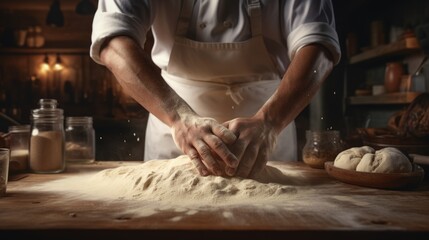 Fototapeta premium Generative AI Chef kneading dough, baking preparation, culinary skill demonstrated in a restaurant kitchen setting