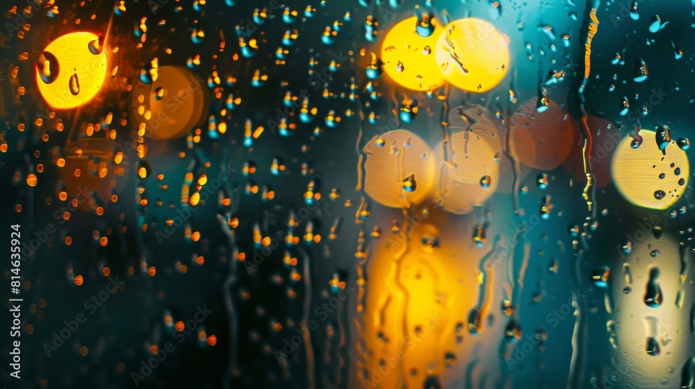 Poster rain drops are seen collected on a window pane, with the blurry background of street lights. the sce
