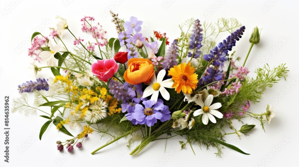 Poster generative ai a beautifully curated bouquet of wildflowers set on a white background, offering an op
