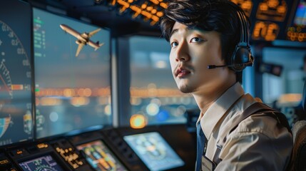 Asian young man air traffic controller, airplane taking off and control tower interior background. Generative AI.
