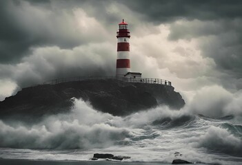 large wave crashing toward lighthouse against cloudy sky in ocean area