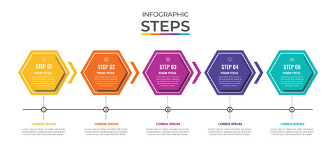 Concept of arrow business model with 5 steps. Five colorful graphic elements vector design.