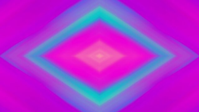 Fluorescent glowing multicolor background with concentric rhombus shapes radiating outward. Animated geometric pattern in bright pink, cyan, neon blue, faded orange, light yellow, lilac, purple colors