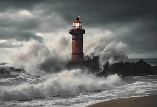waves breaking around a lighthouse on the water's edge