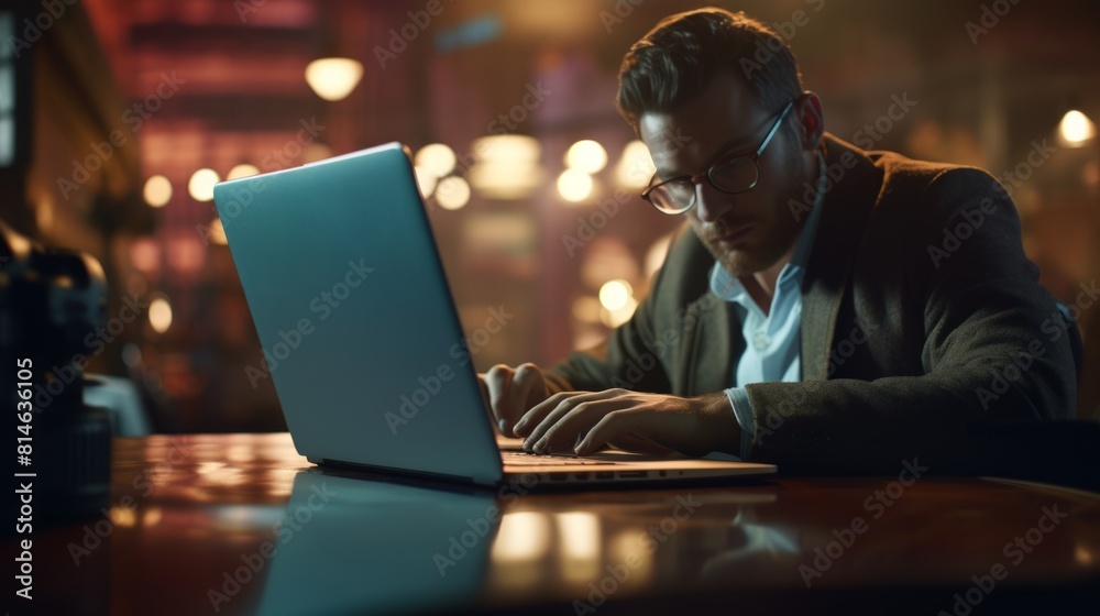 Poster generative ai close-up of a journalist typing on a laptop, working on breaking news, press area with