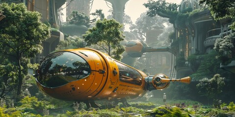 Naklejka premium Futuristic Transport Concept. Beautiful Spring Morning Environment Background.