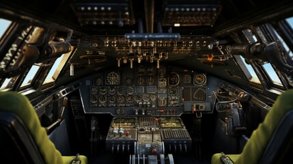 Generative AI Cockpit interior of an aircraft, featuring advanced avionics, controls, and instruments in a modern flight deck