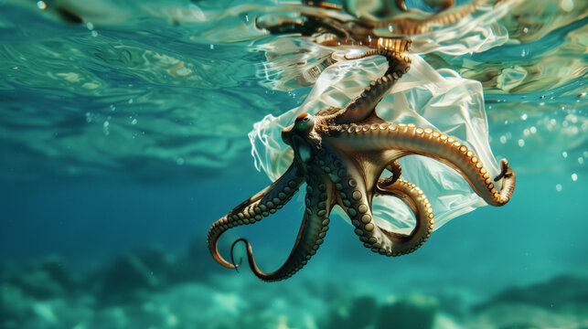 AI Image. Underwater view of octopus in the ocean wrapped with plastic bag