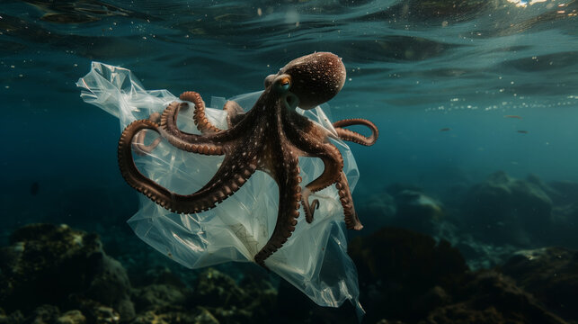 AI Image. Underwater view of octopus in the ocean wrapped with plastic bag