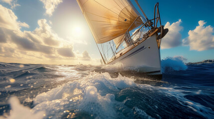 Sailboat in the sea in the evening sunlight, luxury summer adventure, active vacation in Mediterranean sea