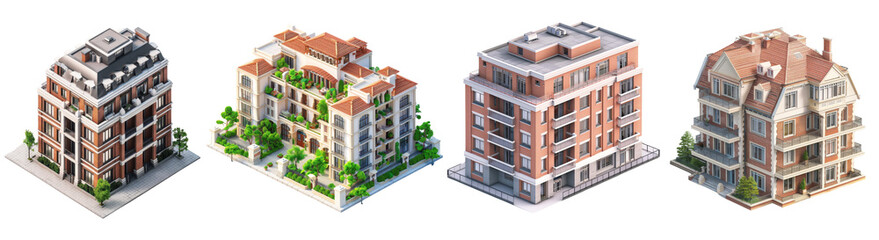 Set of  3D traditional Apartment Building isometric Transparent PNG