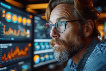 Thoughtful man analyzing data on computer screens. Generative AI image