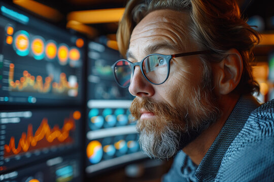 Thoughtful man analyzing data on computer screens. Generative AI image