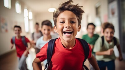 schoolchildren run out of school after lessons