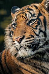 Fototapeta premium Majestic Bengal tiger lies in a peaceful pose.