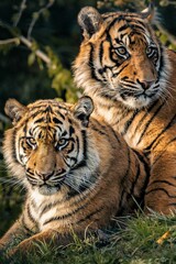 Two majestic Bengal tigers lying side by side in a verdant meadow.