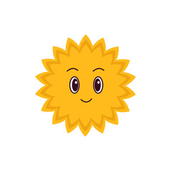 Cute yellow sun with face flat vector illustration.  Sun with sunbeams  character isolated on white background. 
