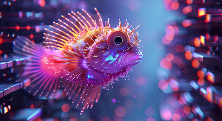Puffer fish, front side view, hologram blocks with program code background, deep purple and light blue and purple and pink and yellow colors. Generative AI.