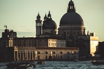 View of Basilica di Santa Maria della Salute at sunset. Venice, Italy