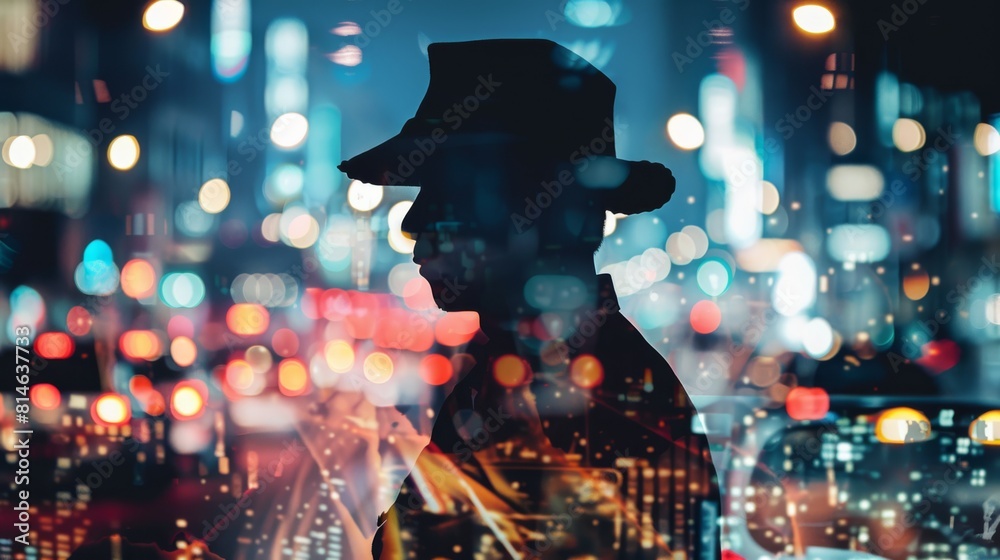 Aufkleber a man wearing a hat is standing in front of a window, looking outside. the window is casting a shado