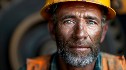 Close-up portrait of a seasoned industrial worker with hard hat. Generative AI image
