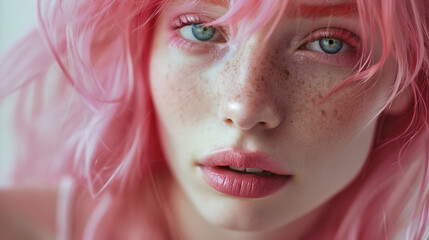 Portrait of a girl with pink hair and bright makeup, close-up in bright lighting.