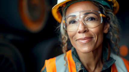 Middle-aged female industrial worker smiling in helmet and goggles. Generative AI image