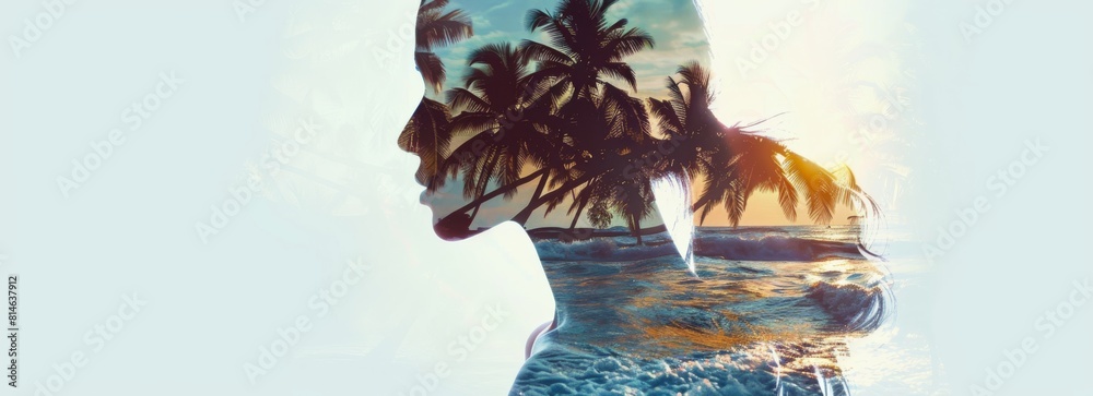 Poster A double exposure showing a womans face superimposed with a silhouette of a palm tree in the background. The womans features blend seamlessly with the natural elements, creating a unique and artistic 