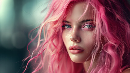 A photo portrait of a young beauty with pink hair, bright makeup, against a background of bright light.